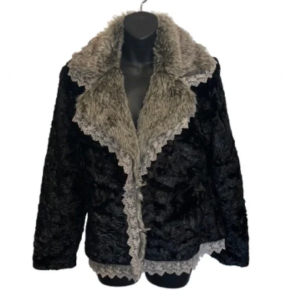 By Joseph black crush fabric with faux fur trim and lace detail jacket size L - Picture 1 of 8